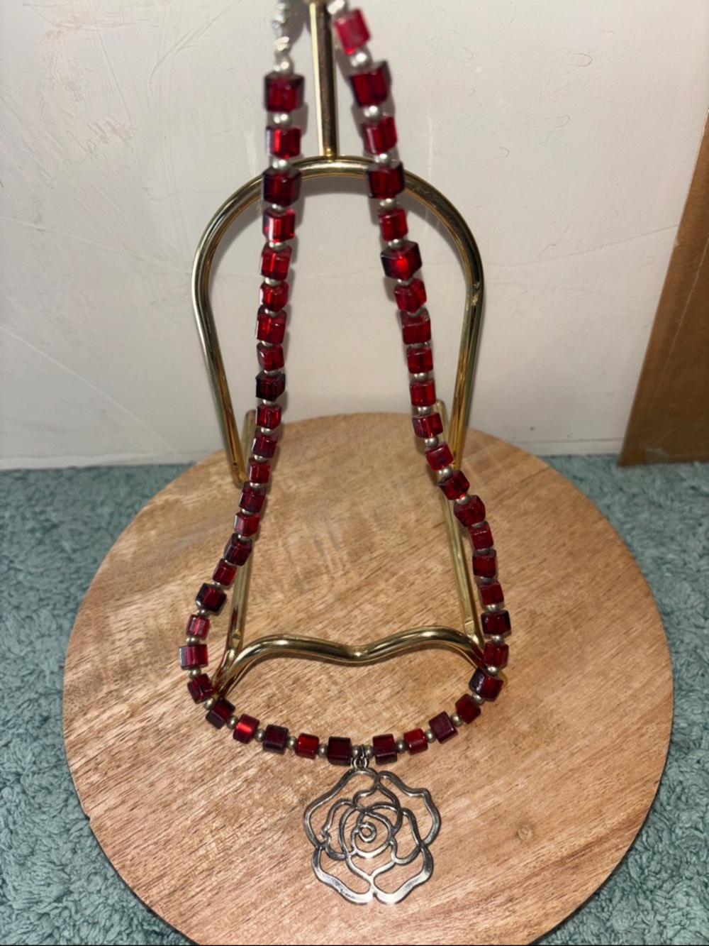 Red Beaded Necklace with Silver Rose Pendant - Women Jewelry
